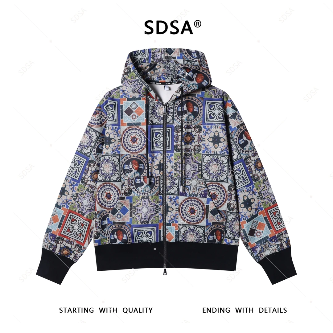 SDSA男士2025新款轻奢痞帅男装抽象图案抽绳拉链连帽卫衣外套复古