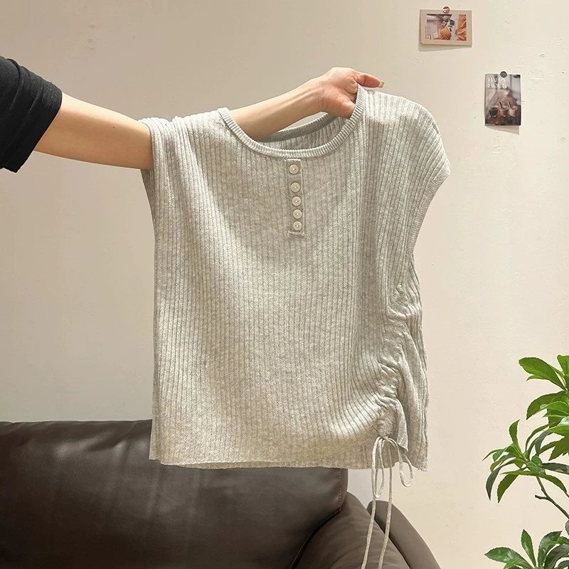 圆领正肩莱赛尔针织短袖T恤女2025夏季新款抽绳设计感别致上衣潮