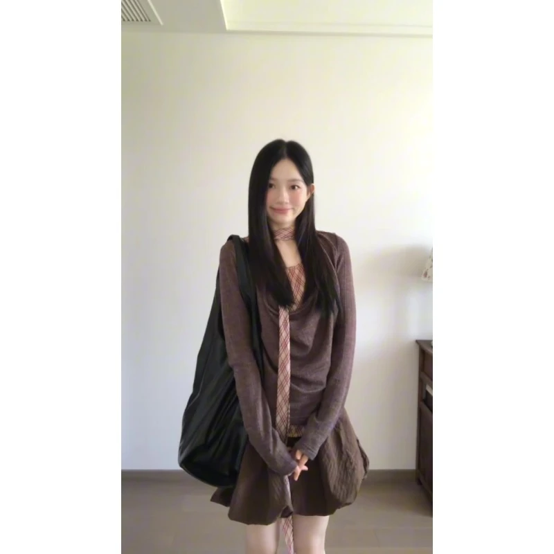2025新款女士早秋季设计蝴蝶结系带拼接假两件格纹长袖T恤半身裙