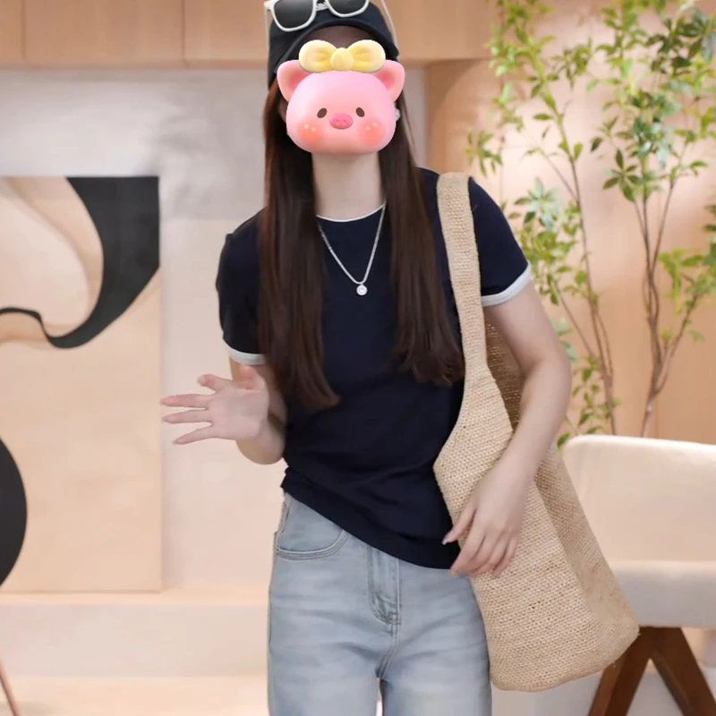 韩系ins风撞色正肩短袖T恤女2025夏季新款通勤洋气显高显瘦上衣女