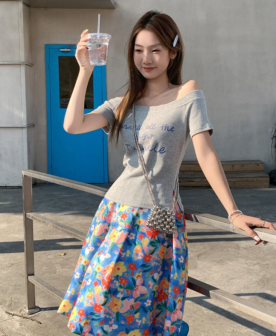 斜肩露肩短袖T恤针织衫女显瘦时尚女装韩系风新款2025字母