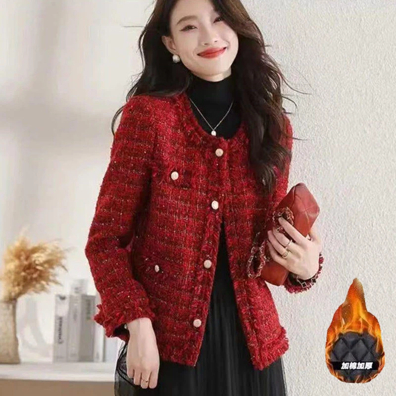 秋冬时尚法式新款名媛小香风外套气质红色粗花呢百搭上衣
