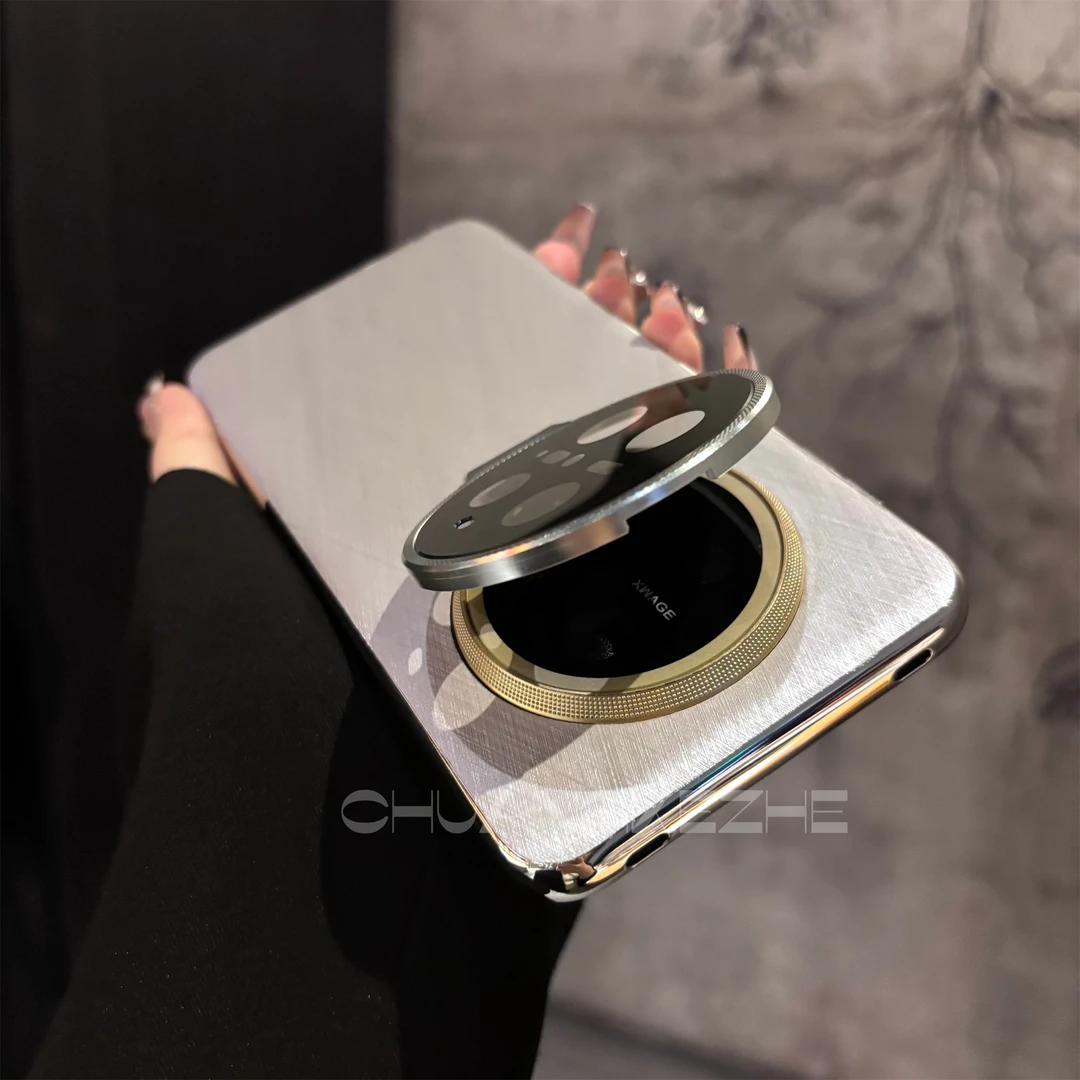 创壳者适用华为Mate70新款素色皮纹Mate70Pro+金属镜框支架手机壳