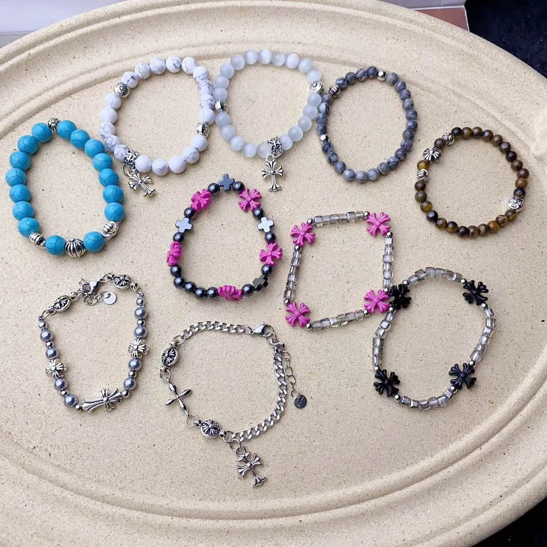 合金手链 手饰轻奢小众百搭设计欧式复古高级感合金十字架串珠ins