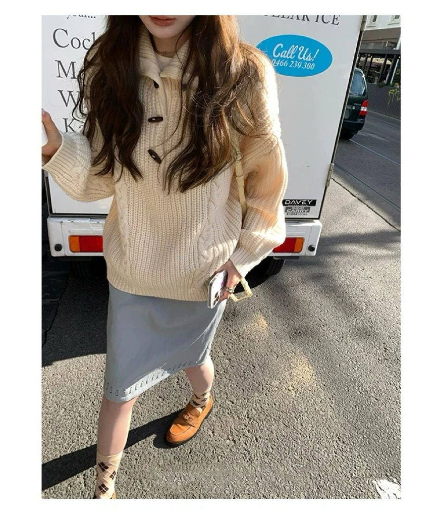 甜粿妹妹 麻花针织毛衣套头纽扣高领2way休闲韩系上衣女