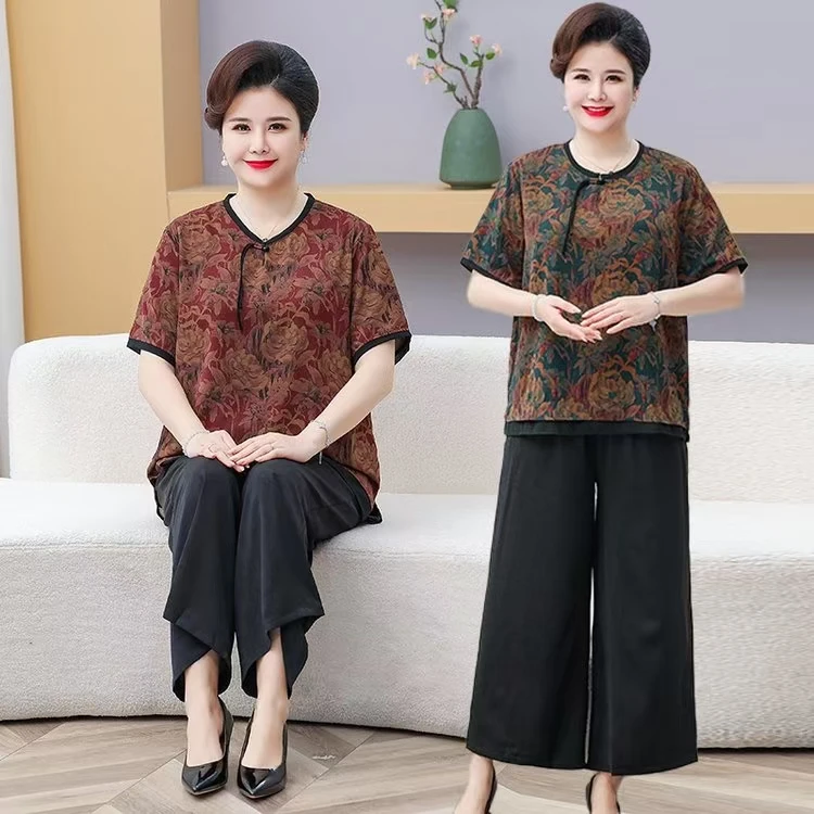 气质大码妈妈装中老年时尚夏季宽松洋气高档休闲复古中年印花套装