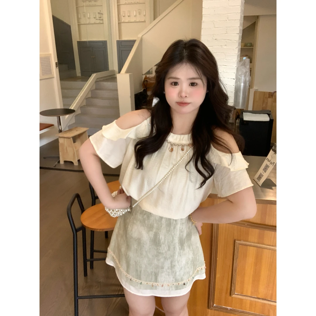 大码女装大头婷微胖定制夏季挂脖露肩荷叶边短袖上衣+高腰半身裙