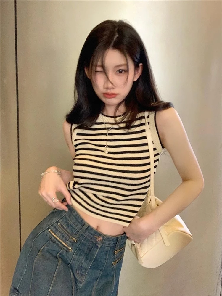 撞色条纹宽肩带吊带背心女夏季薄款别致漂亮短款冰丝无袖针织上衣