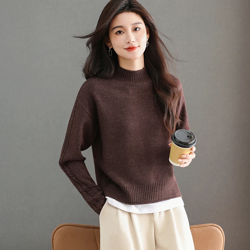 哥第时尚秋冬2025新款洋气百搭半高领纯色麻花纹袖设计套头女毛衣
