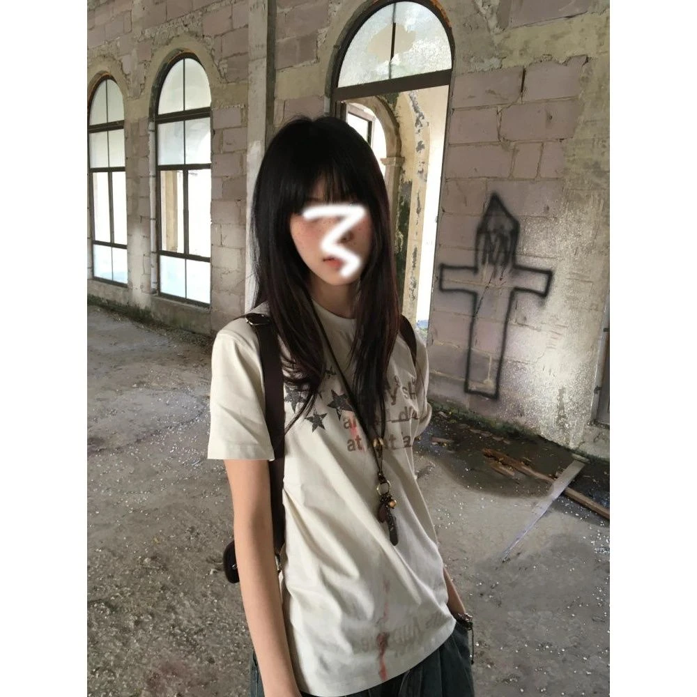 哥弟阿玛施正品宽松星星字母印花短袖恤女夏季新款圆领显瘦休闲百