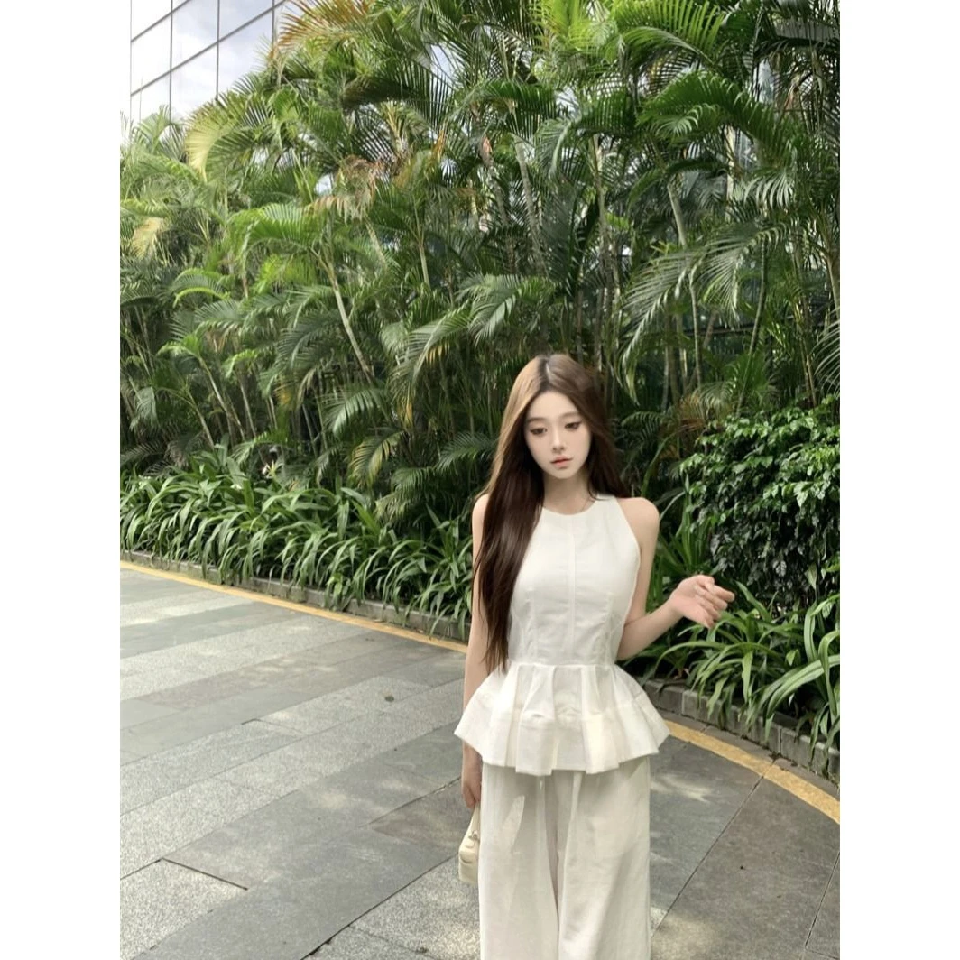 甜美千金减龄荷叶边无袖显瘦背心女2025夏季休闲阔腿裤长裤两件套