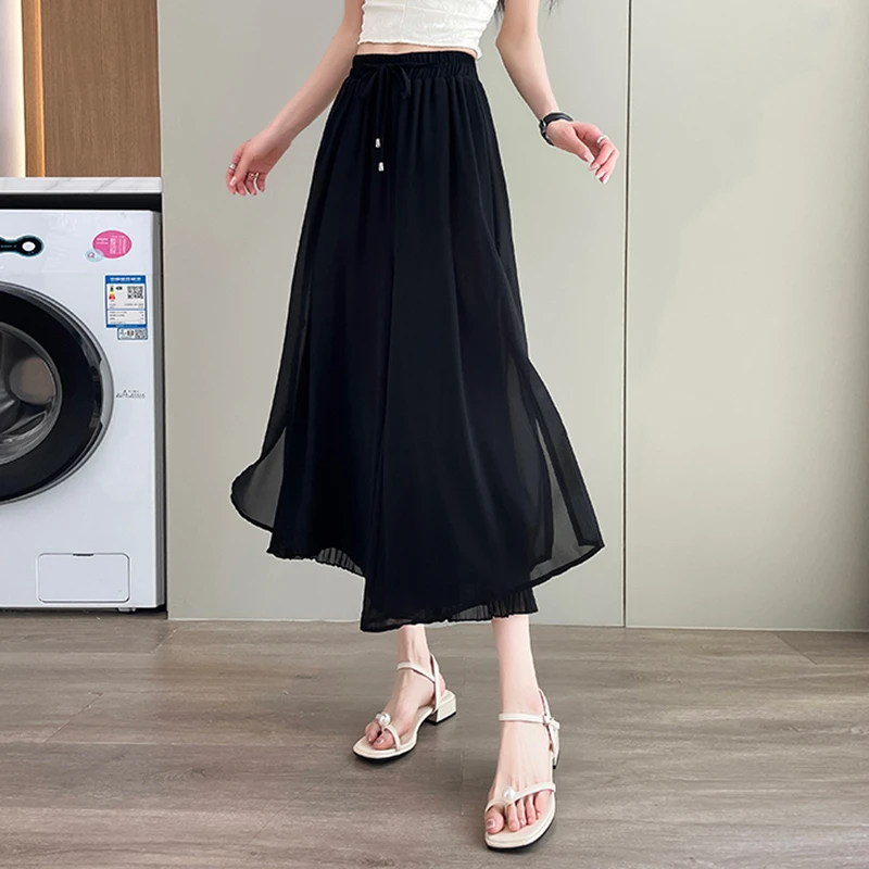 雪纺裤子女夏季薄款宽松阔腿裤高腰垂感假两件裙裤时尚八分休闲裤