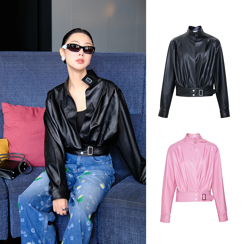 TRACYCHU黑色超柔BABY小羊皮创意收腰短夹克老钱风松弛感秋冬新品