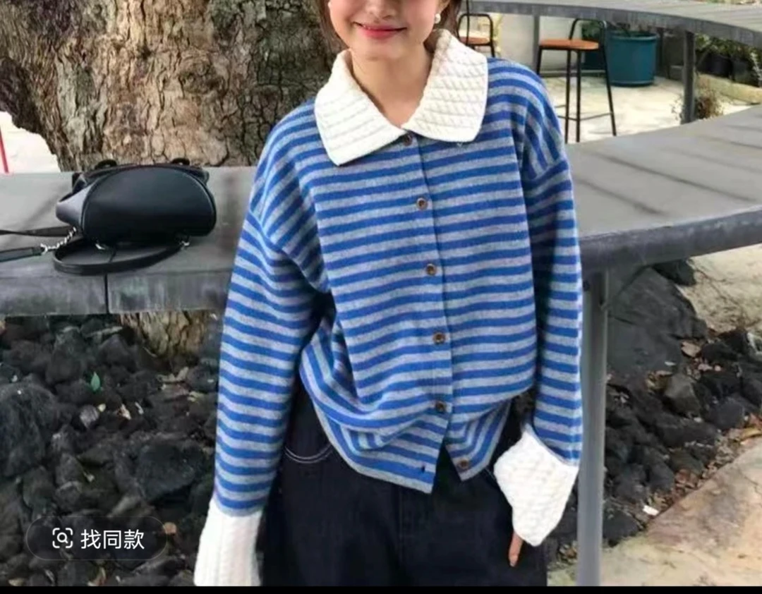 小香风条纹polo领长袖毛衣针织衫早秋季慵懒松弛感外套上衣923J