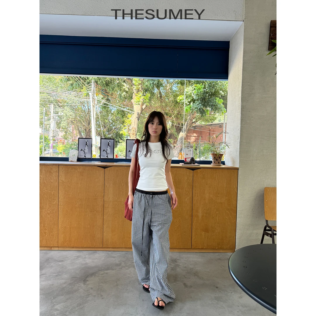 THESUMEY黑白格子阔腿裤女2025夏新款松紧腰垂坠感宽松慵懒风裤子