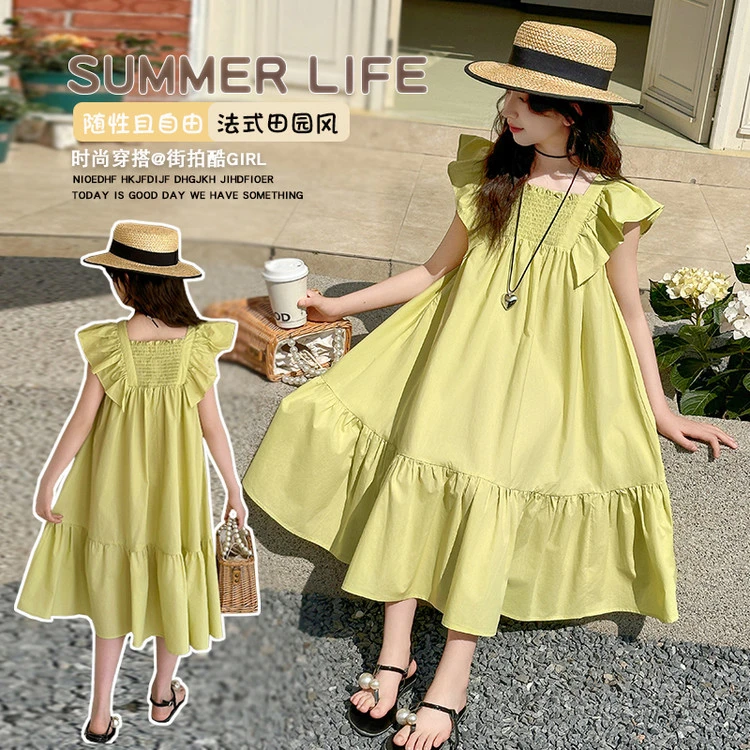 连衣裙公主夏季纯色女童中大童亲子装宽松休闲荷叶边飞袖新款