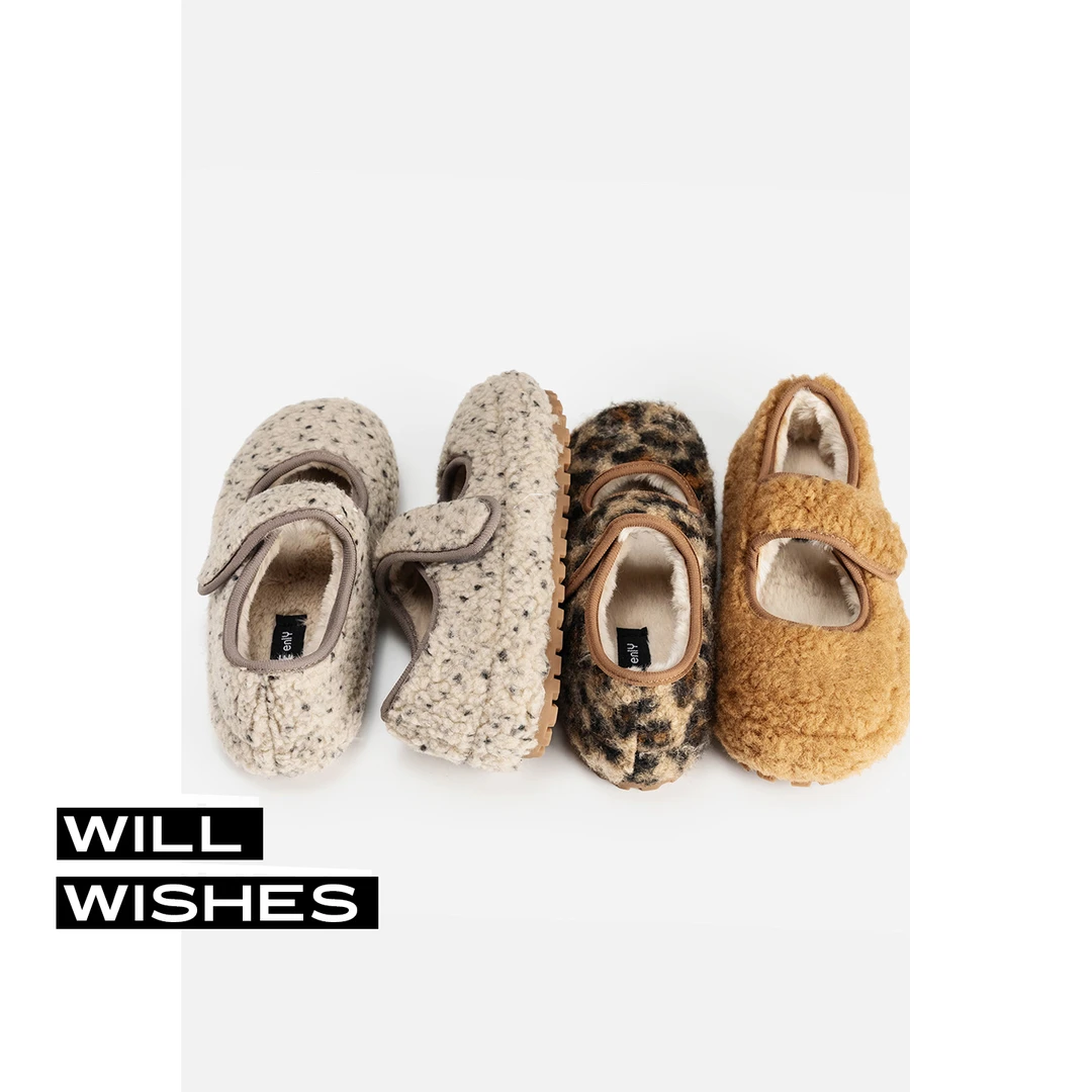 WILLWISHES/王玎×【向日葵面包鞋】冬季加绒平底鞋一脚蹬毛毛单鞋女