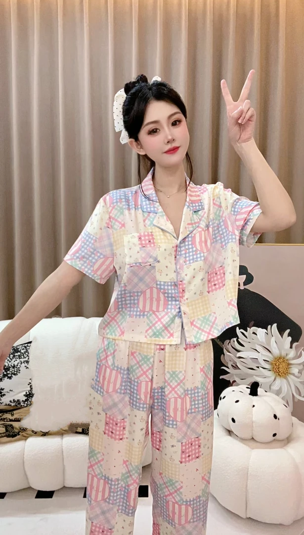 （格子屋）夏季气质精小短装睡衣女显瘦家居服套装可爱减龄印花宽松