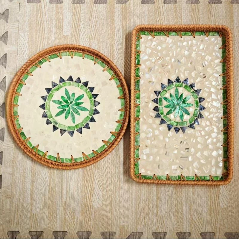 H越南真藤手工编织30*3+36*23*4方圆组合波西米亚贝壳盘水果盘