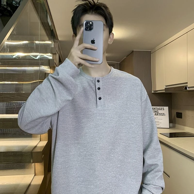 2025秋新款亨利领长袖T恤男士百搭宽松复古体恤衫休闲运动上衣tee