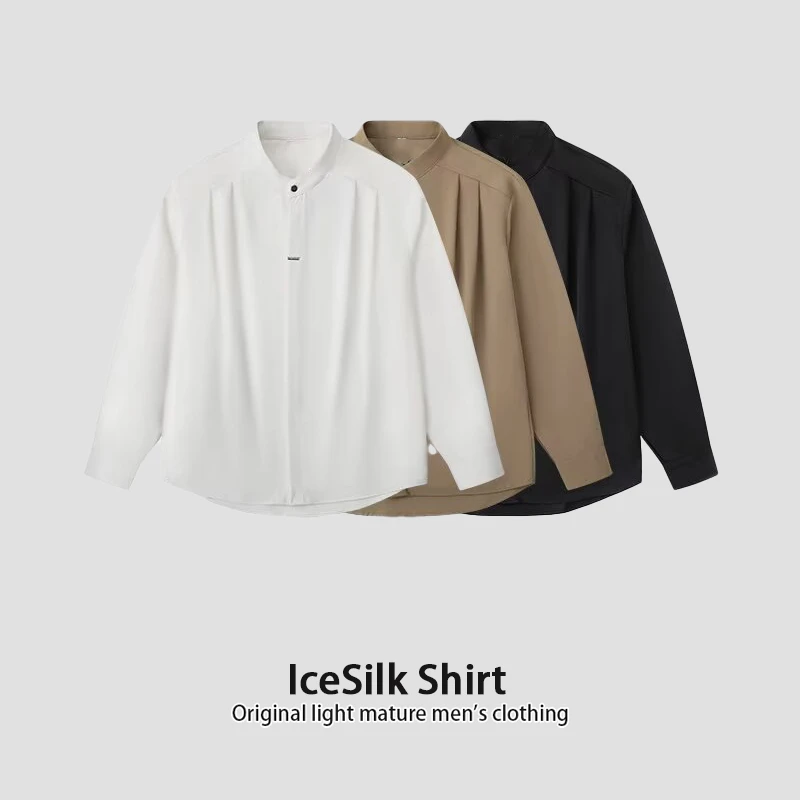 新中式中山立领衬衣男士春夏新款纯色宽松高级垂感百搭冰丝衬衣