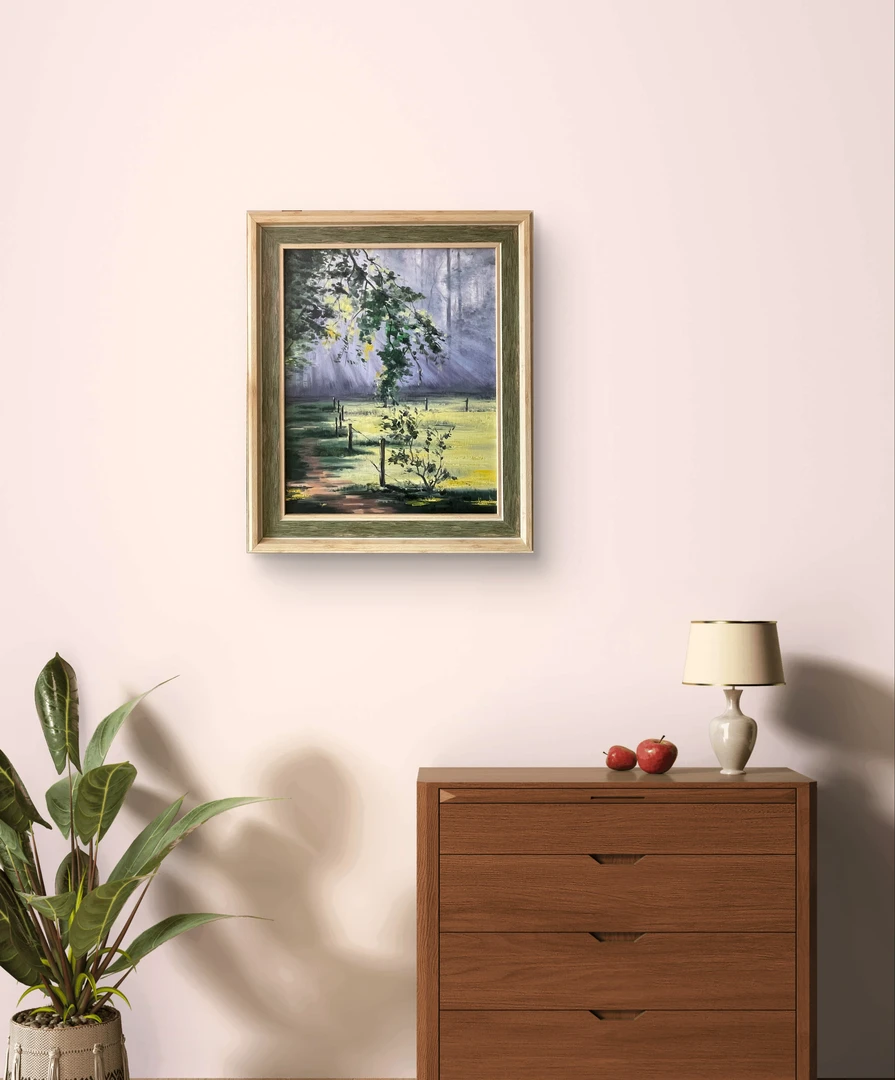 油画《林间晨韵-光影交织的自然诗篇》带框53*65 画芯40*50默认无框
