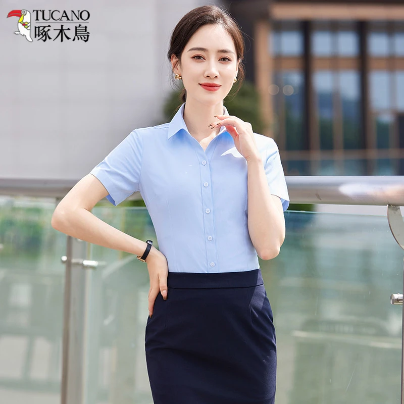 TUCANO/啄木鳥女士V领蓝色工作服衬衣简约职业装短袖夏季职业衬衫