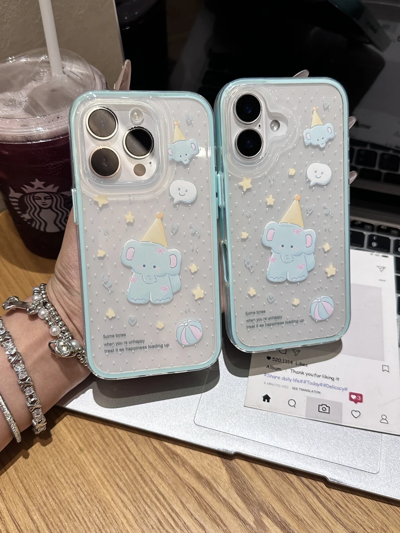 可爱蓝色小象适用于苹果16手机壳iPhone15透明11大孔13软12