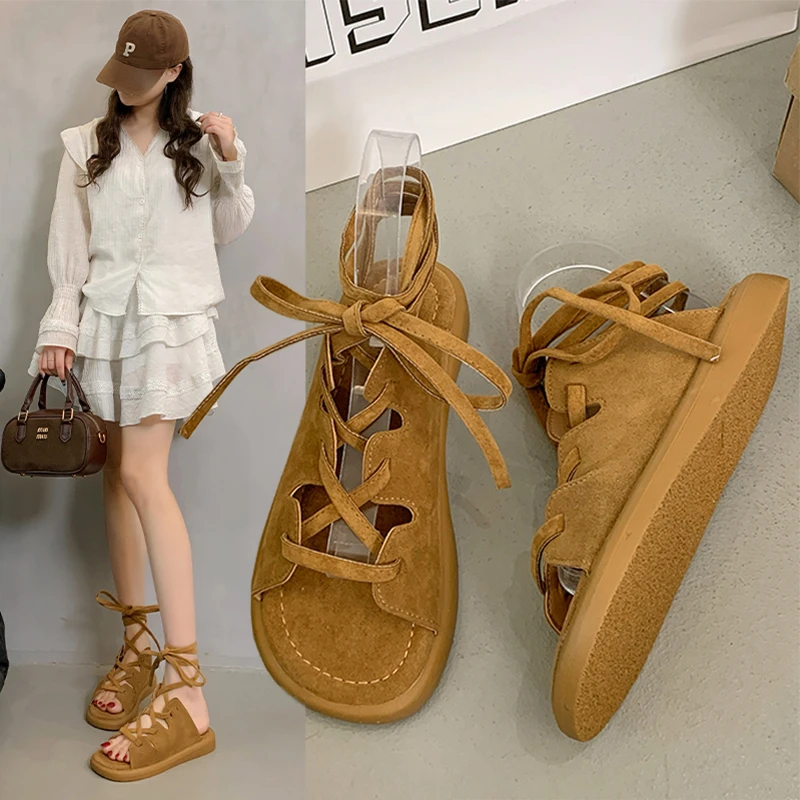 低帮交叉绑带胶粘罗马风罗马凉鞋ins韩版城市游牧风