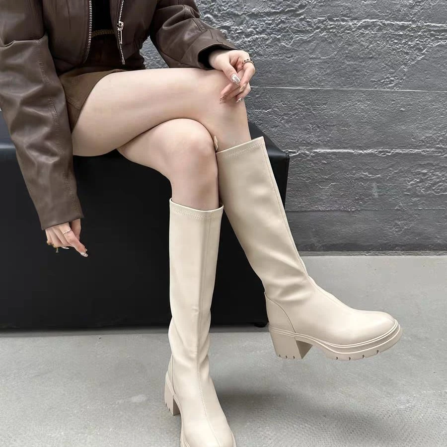 白色厚底长筒靴女2024秋新款粗跟不过膝弹力显瘦长筒骑士靴8103-A
