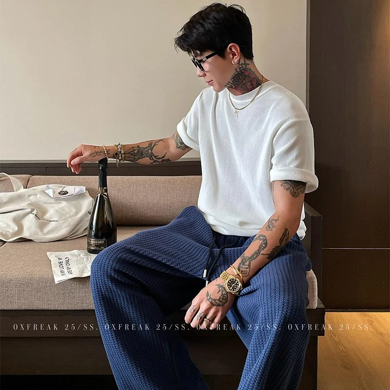 OXFREAK 「老钱风 华夫格」纯色正肩短袖T恤男修身小领口半袖夏季