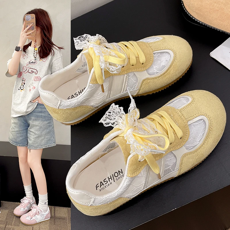 网红爆款蕾丝珍珠德训鞋夏季新款网面透气休闲平底阿甘鞋小白鞋女