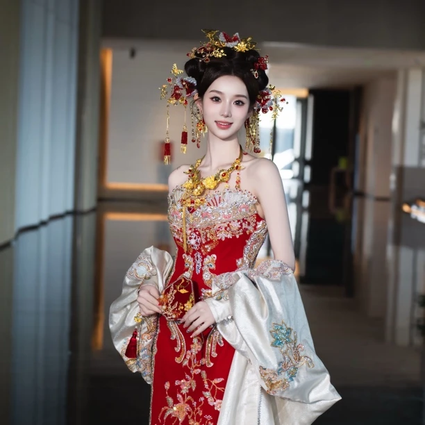 z8255红金色中式秀禾后驱头饰新娘结婚分体发饰影楼跟妆