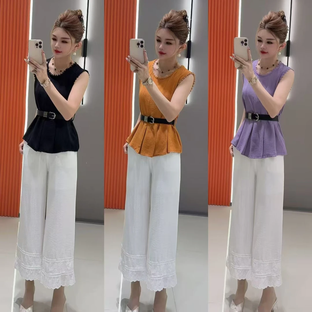 爆款2052 洋气刺绣花边坎袖收腰百褶裙摆上衣 加 长裤裙 两件套