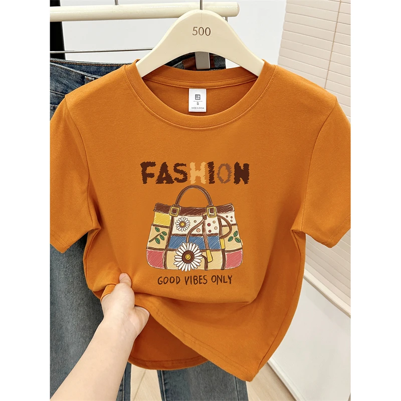大码正肩短袖t恤夏季新款时尚气质百搭圆领洋气包包印花体恤上衣