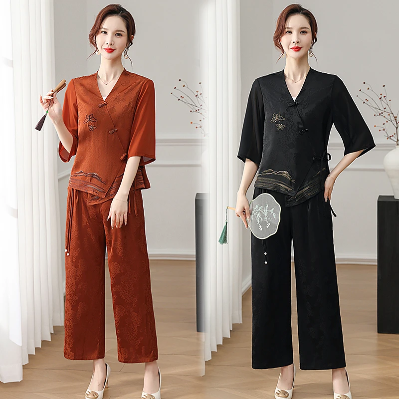 2025国风提花缎新中式时尚洋气套装上衣+裤子百搭女