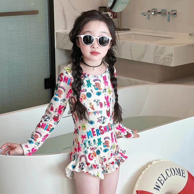 女童夏季泳衣新款游泳6-12岁潮款中大童儿童洋气长袖连体泳装女款