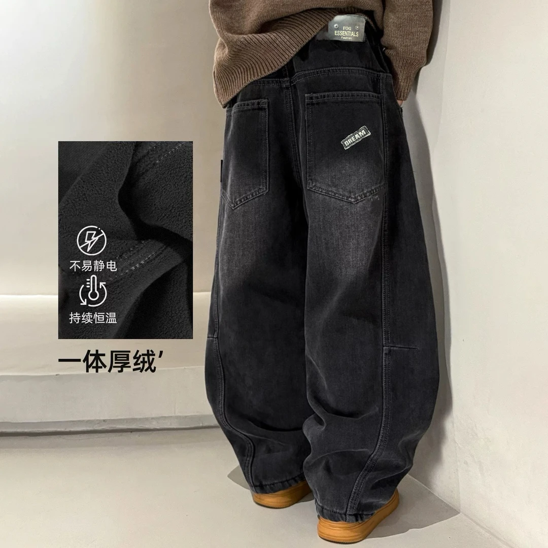 中大童一体绒加厚牛仔裤儿童弯刀裤宽松慵懒风百搭裤子洋气潮F006