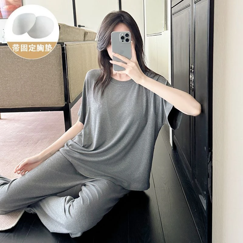 家居服套装透气纯色耐磨长裤薄款长裙睡衣夏季短袖休闲宽松韩版