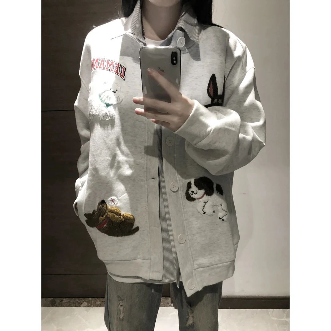 美式时尚洋气可爱卡通小狗毛巾绣开衫卫衣女韩系慵懒风宽松bf外套