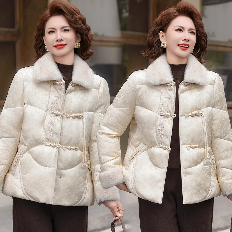 新中式妈妈冬装毛领棉服外套盘扣刺绣棉衣中老年女装秋冬轻便棉袄