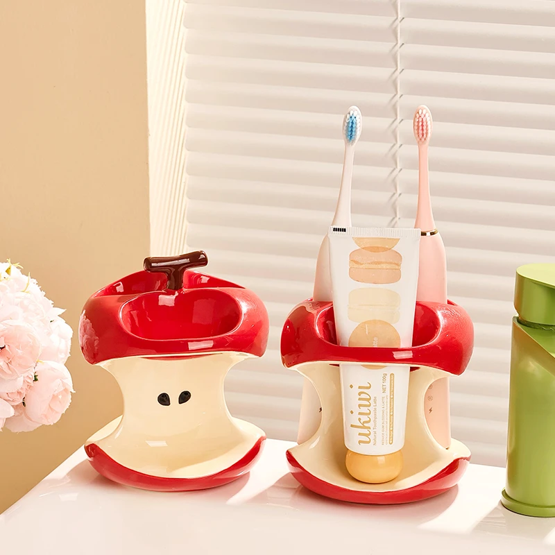 苹果三孔电动牙刷架卫生间牙具收纳筒手动牙刷底座支架陶瓷置物架
