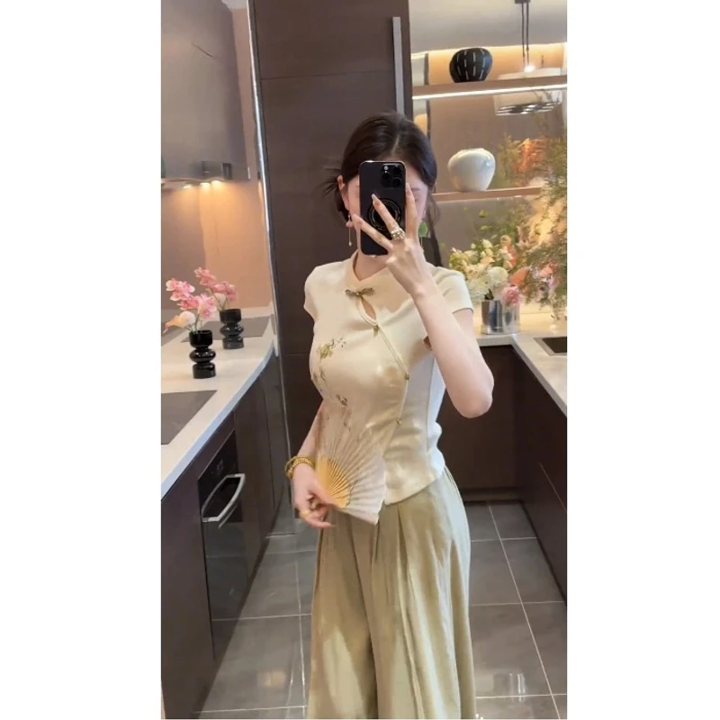 新中式国风气质套装女2025夏季新款休闲女装短袖上衣阔腿裤两件套