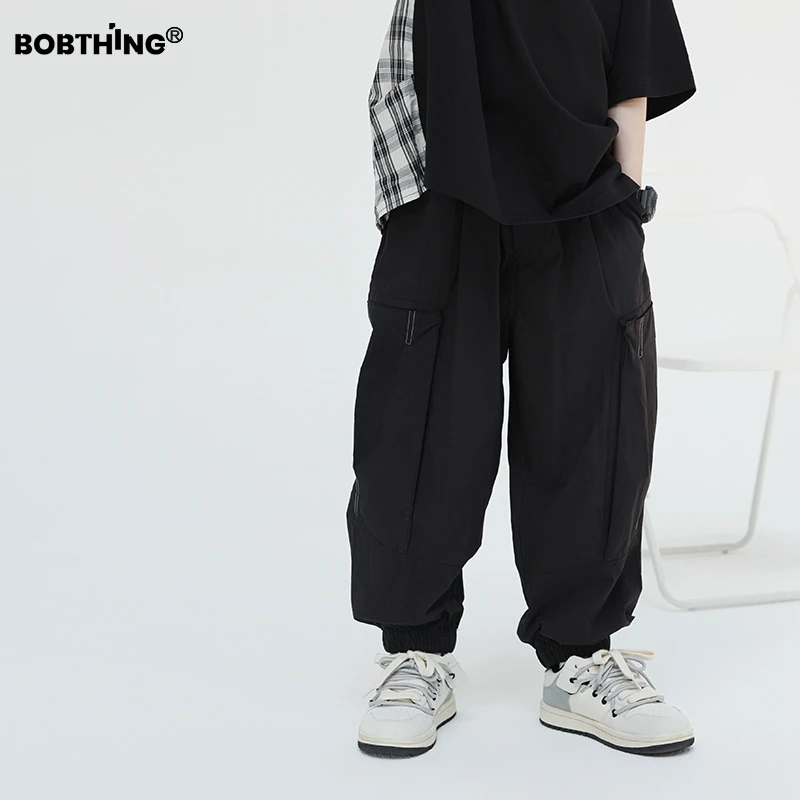 男童夏装2025新款儿童装明线宽松轻薄布裤中大童夏季黑长裤子