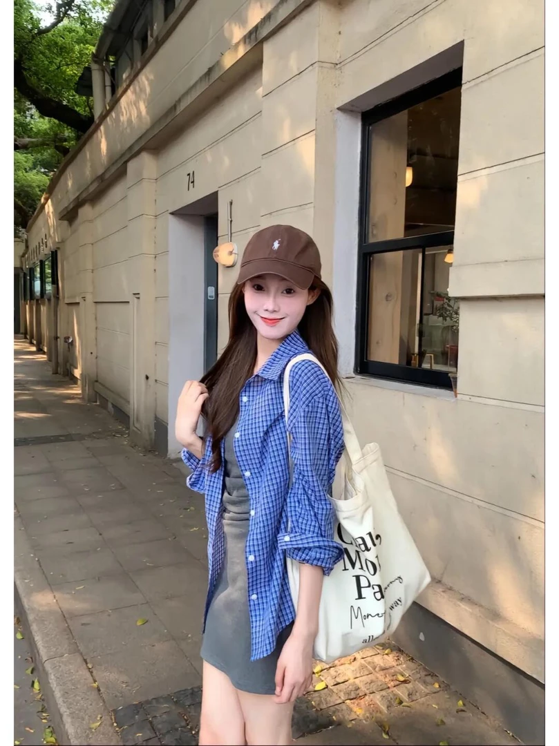 韩版慵懒风长袖格子衬衫薄款防晒衬衣休闲百搭少女外套宽松气质