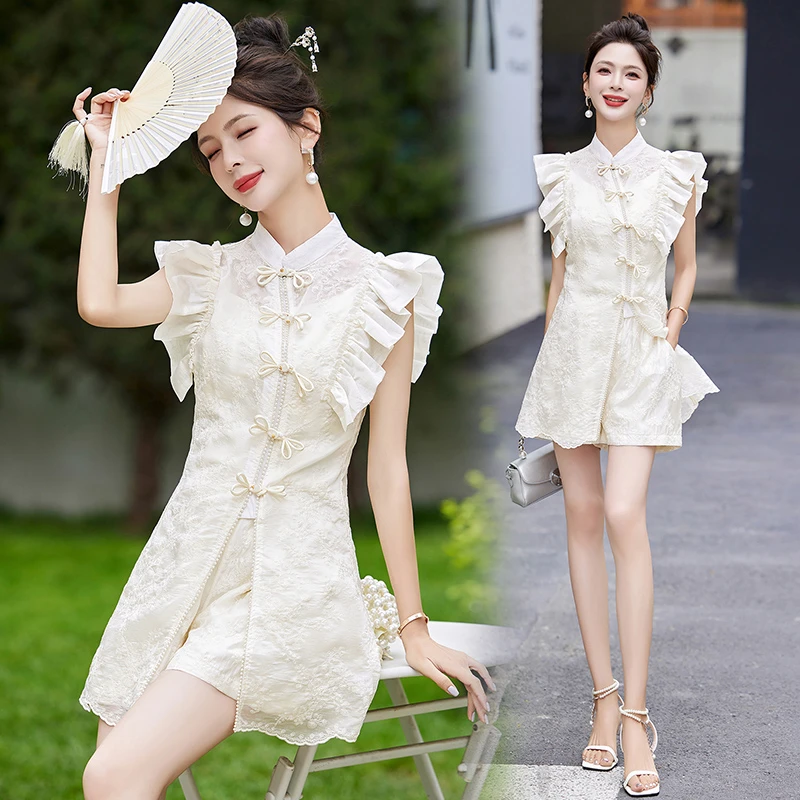 新中式两件套装2025夏季新款古风蕾丝中国风减龄甜美上衣+短裤潮
