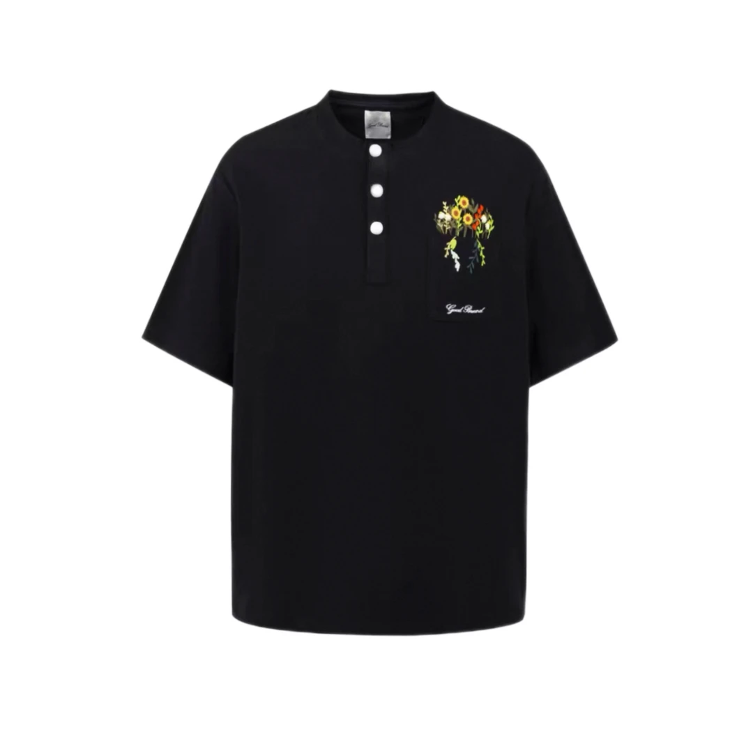 【8079】YM系列立体花束LOGO刺绣轻奢时尚亨利领短袖