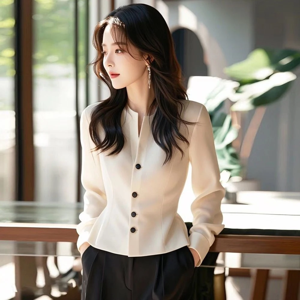 早秋高端小香风掐腰上衣法式高级感气质名媛绝美白色衬衫衬衣女