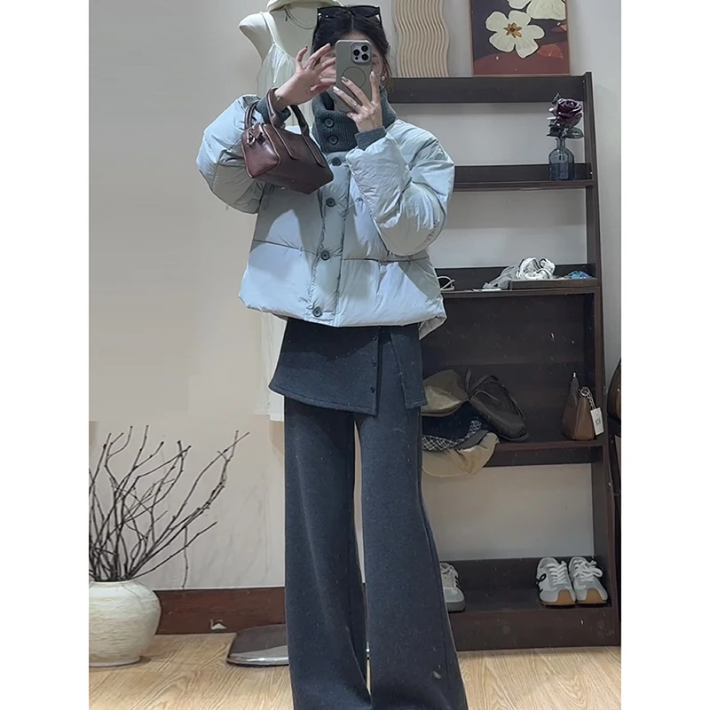 175高个子加长韩系灰色毛呢屁帘休闲裤女加绒修身显瘦微喇拖地裤