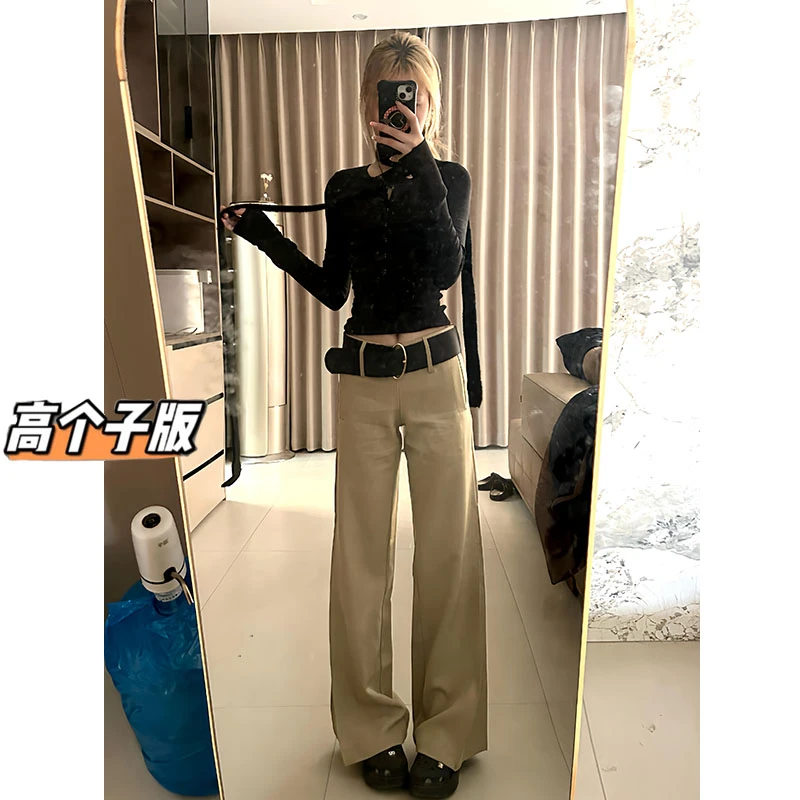 175高个子加长180卡其色低腰西装微喇叭裤女夏季美式高级感坠感裤